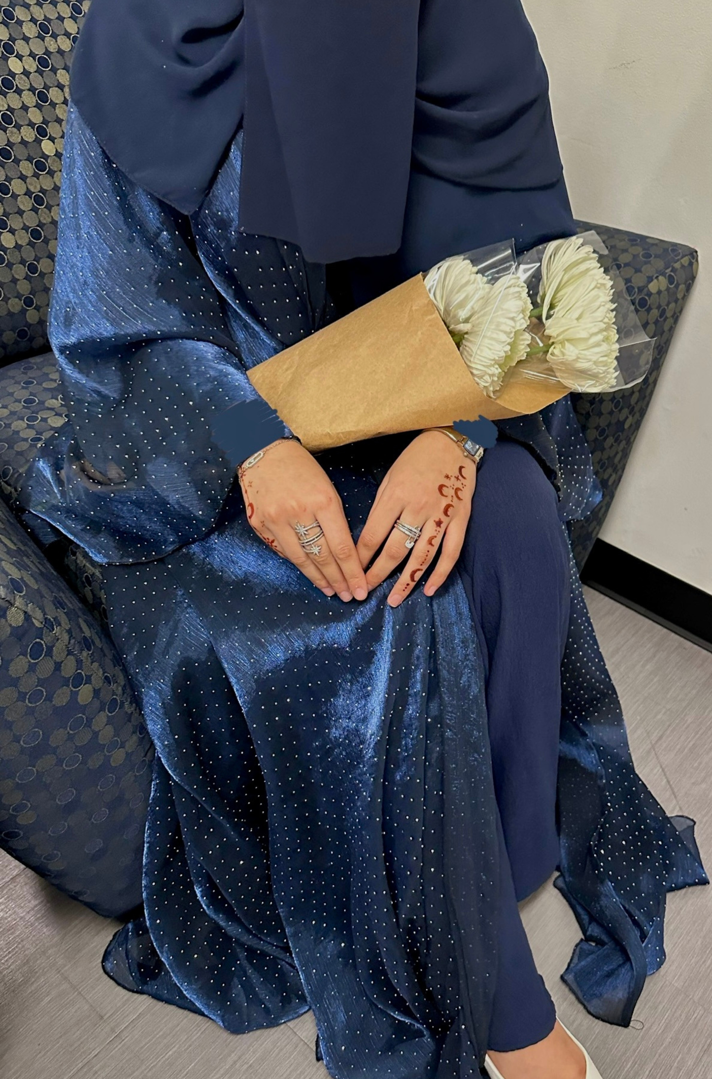 EVENING Rhinestone Organza Two Piece Open Abaya in Royal Blue