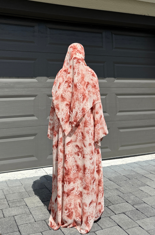 EVENING Printed Chiffon Two Piece Open Abaya in Peach Rose