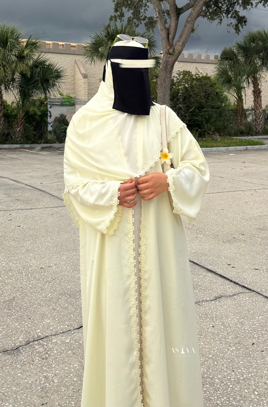 EVERYDAY Flower Lace Open Abaya in Butter Yellow
