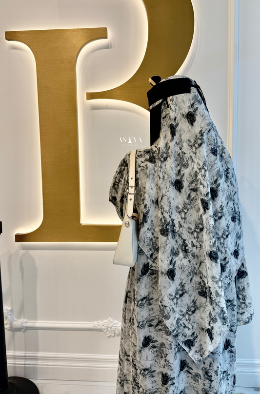 EVENING Printed Chiffon Two Piece Open Abaya in Floral Gray