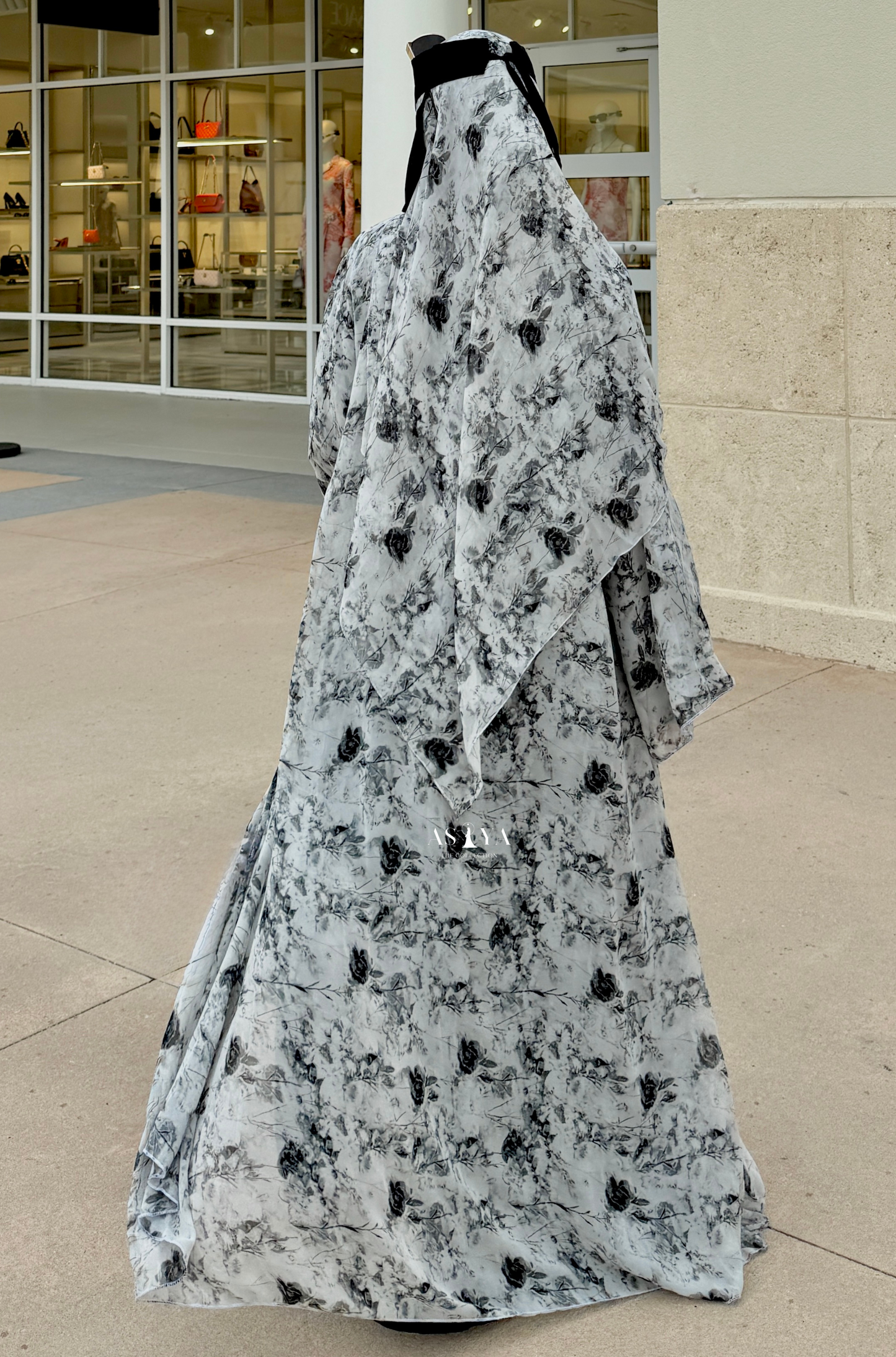 EVENING Printed Chiffon Two Piece Open Abaya in Floral Gray