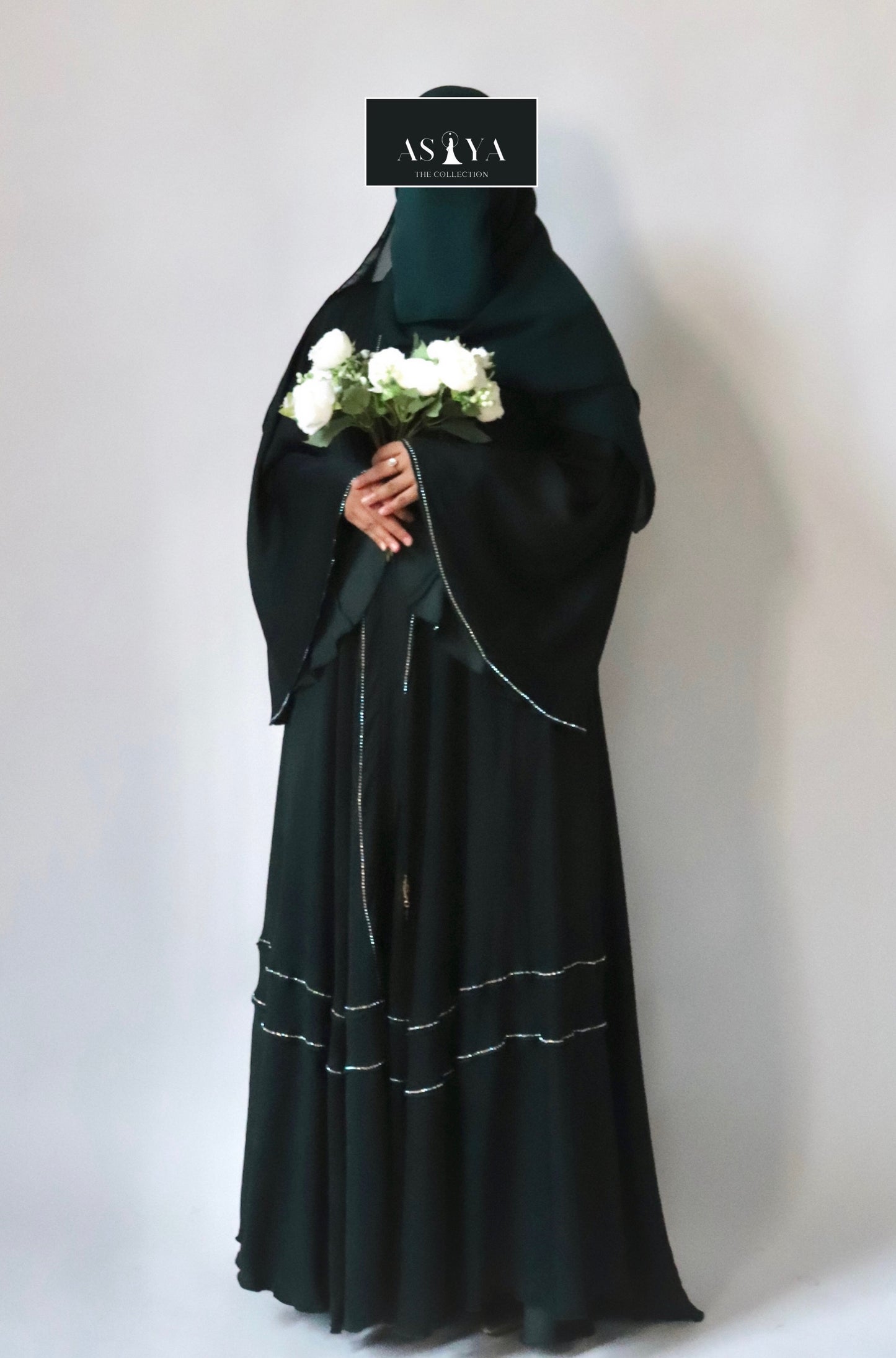 EVENING Rhinestone Flowy Crepe Satin Button Down Abaya in Forest Green