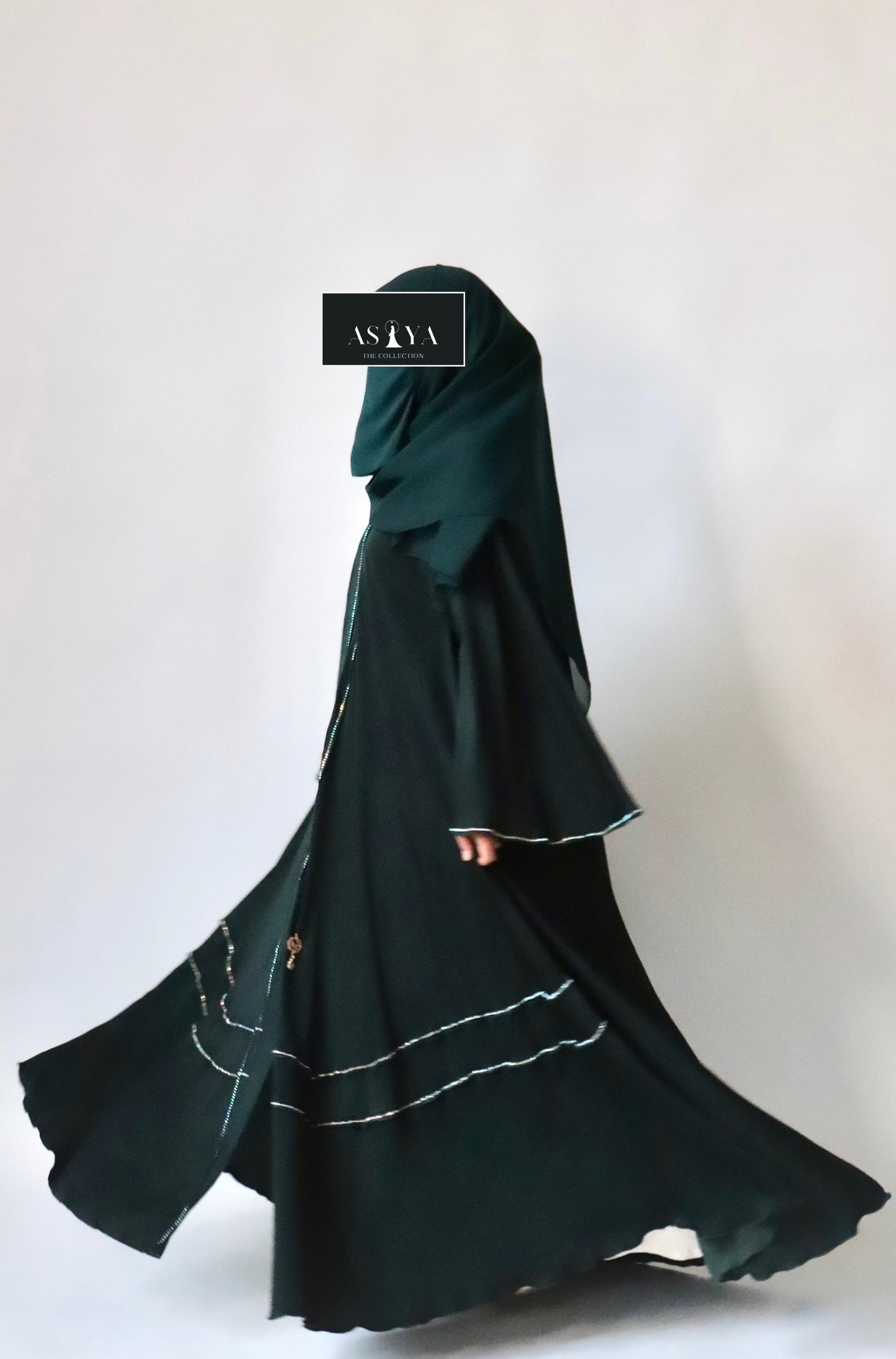 EVENING Rhinestone Flowy Crepe Satin Button Down Abaya in Forest Green