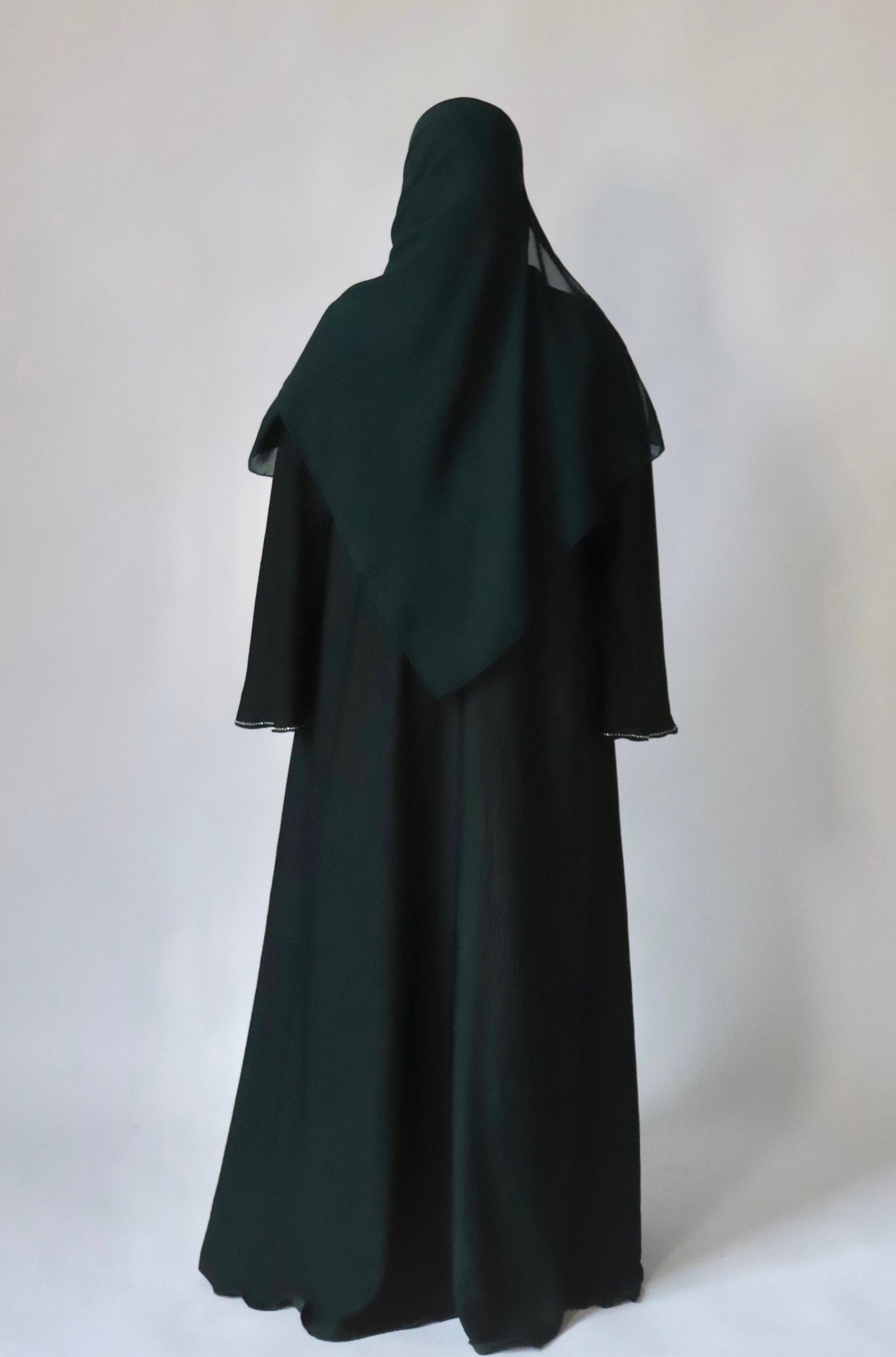 EVENING Rhinestone Flowy Crepe Satin Button Down Abaya in Forest Green