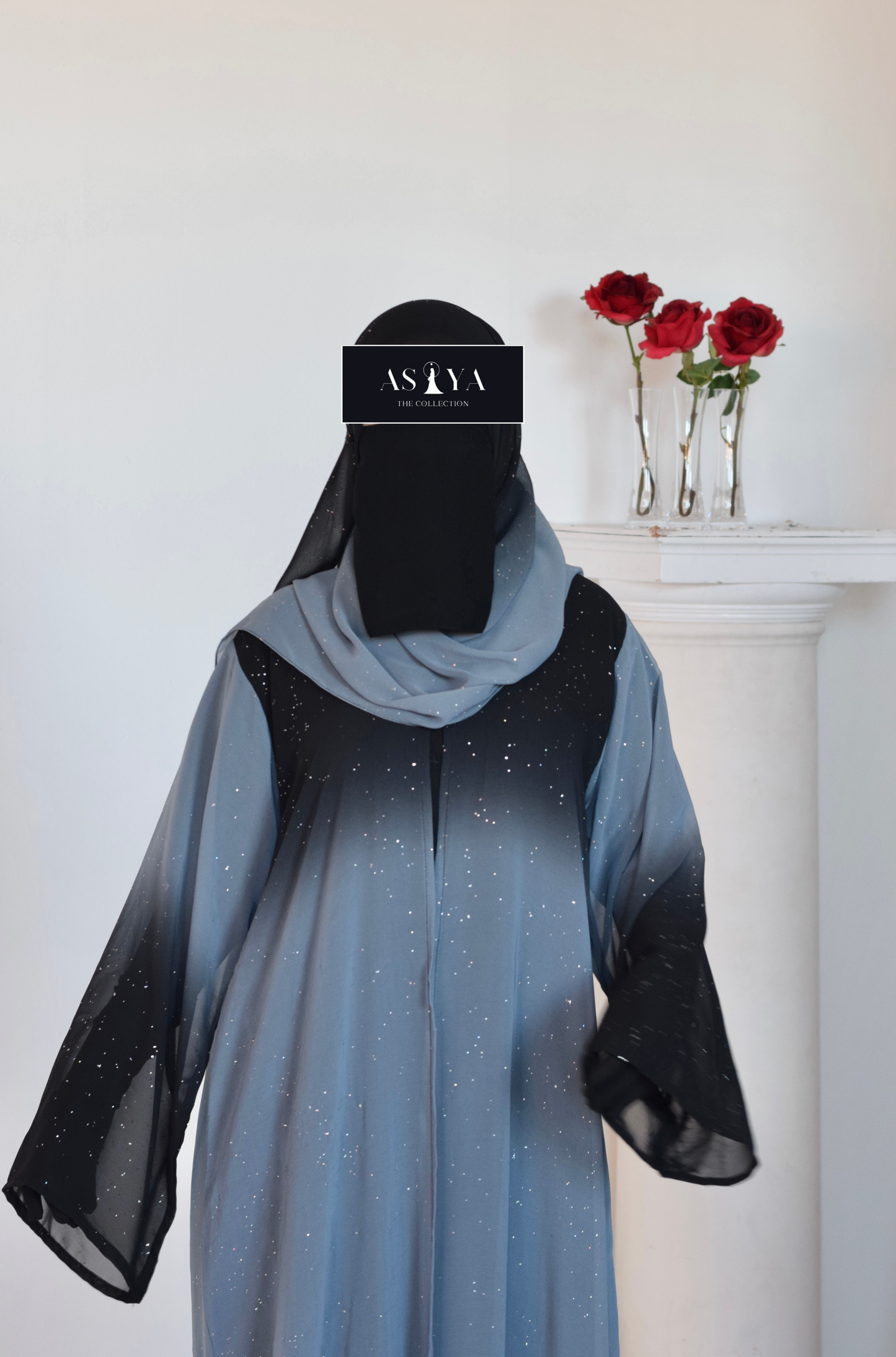 EVENING Glittery Chiffon Ombré Two Piece Open Abaya in Black & Gray