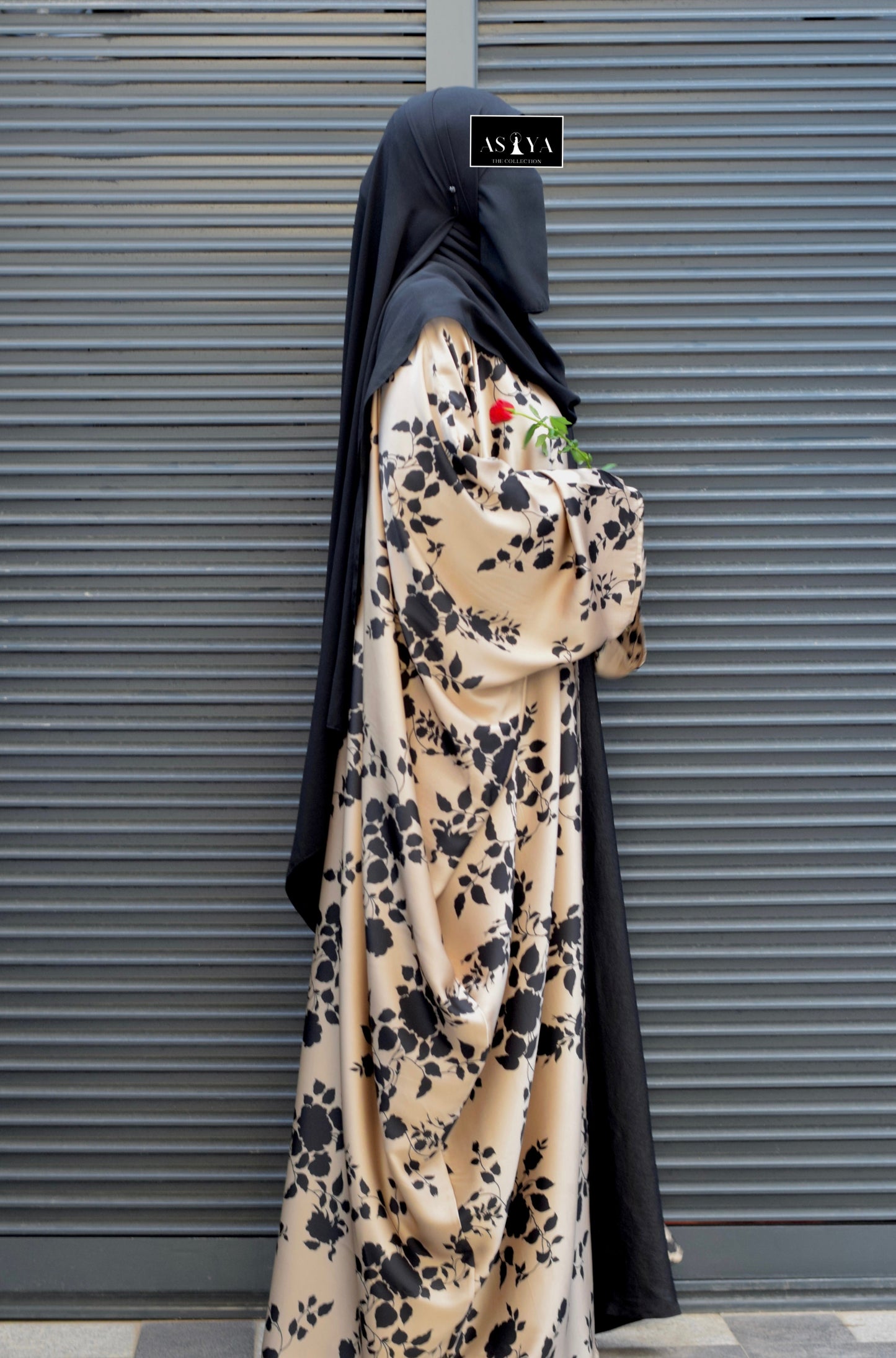 EVENING Printed Satin Two Piece Batwing Abaya in Black & Bronze