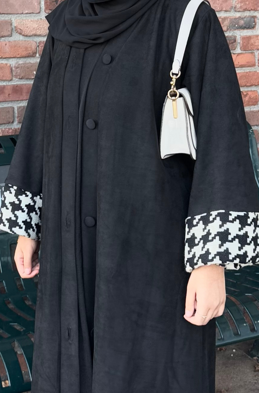 EVERYDAY Tweed Print Suede Button Down Coat Abaya in Black
