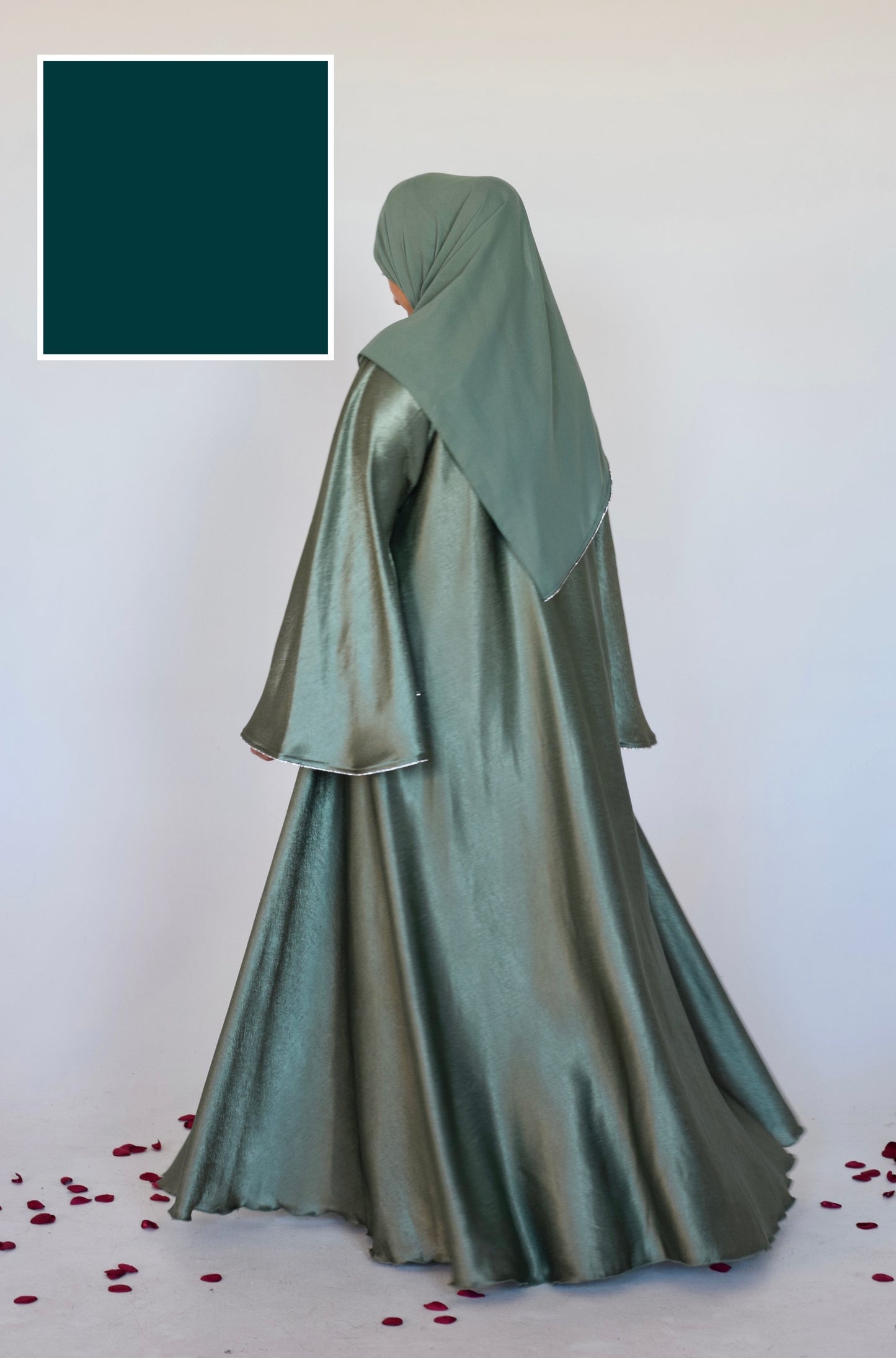 Flowy Crushed Satin Button Down Abaya in Dark Turquoise