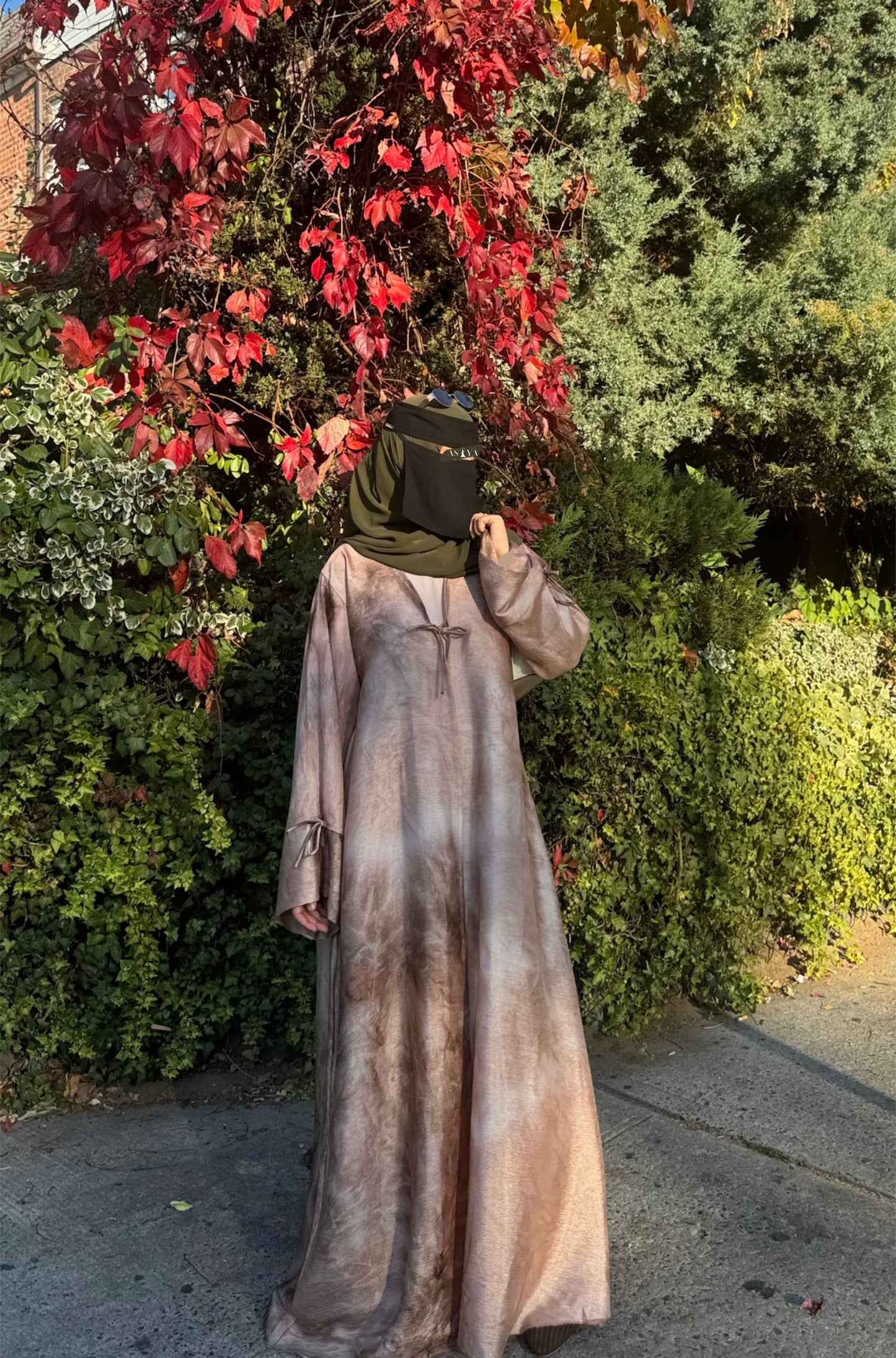 EVENING Bow Tie-Dye Open Abaya in Autumn Bronze