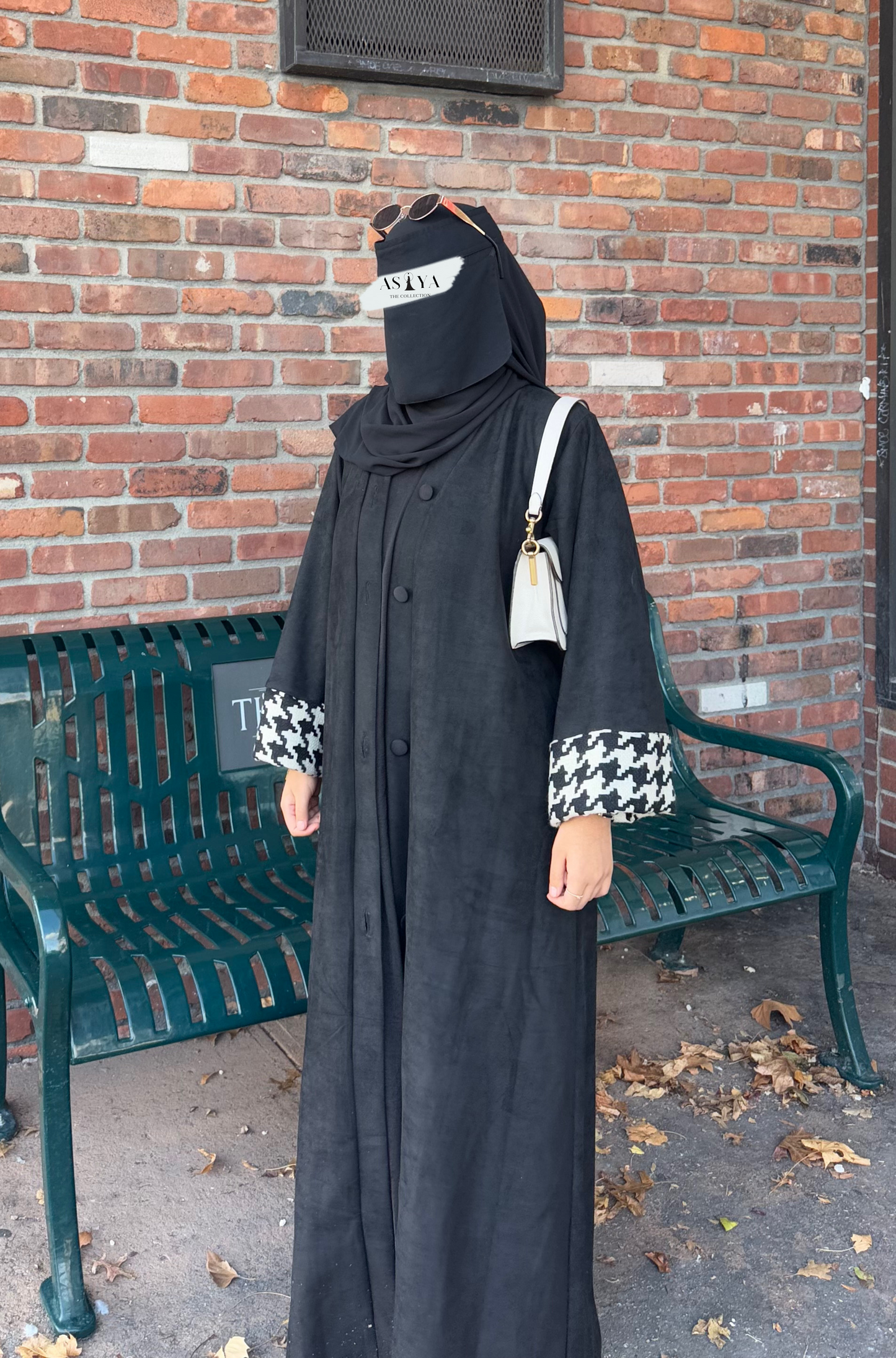 EVERYDAY Tweed Print Suede Button Down Coat Abaya in Black