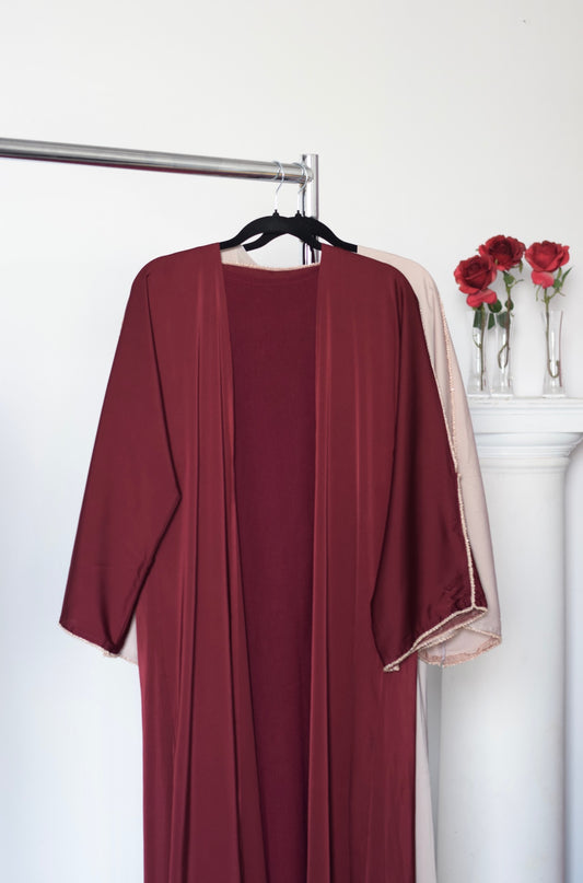 EVENING Beaded Split Sleeve Two Piece Open Abaya in Maroon