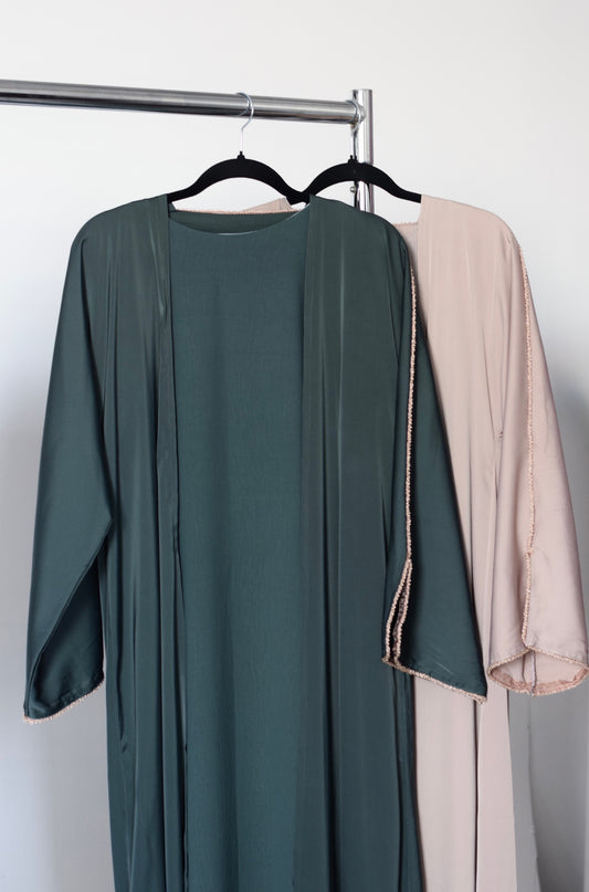 EVENING Beaded Split Sleeve Two Piece Open Abaya in Teal