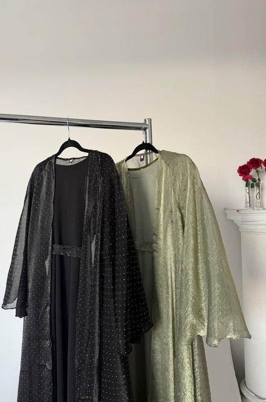 EVENING Rhinestone Organza Two Piece Open Abaya in Black