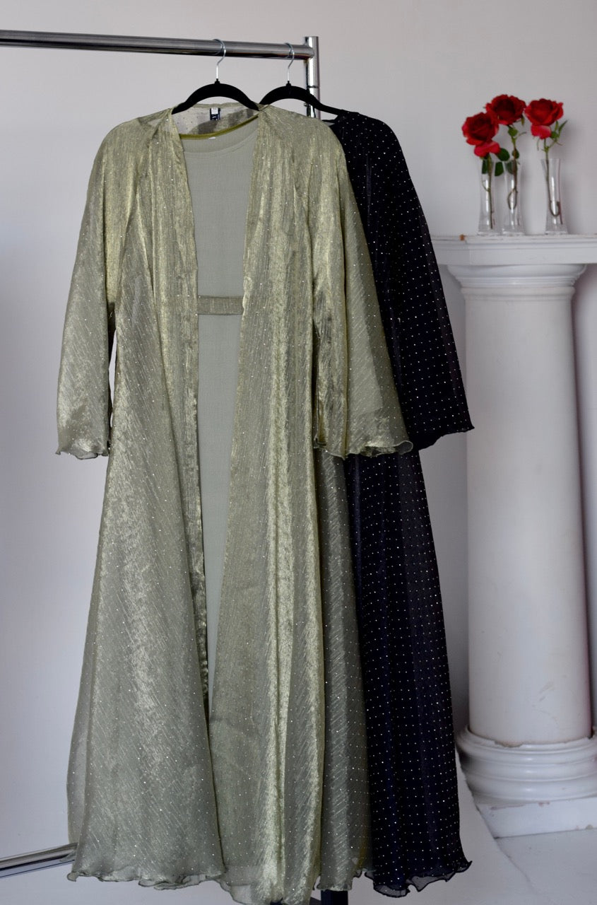EVENING Rhinestone Organza Two Piece Open Abaya in Olive Green