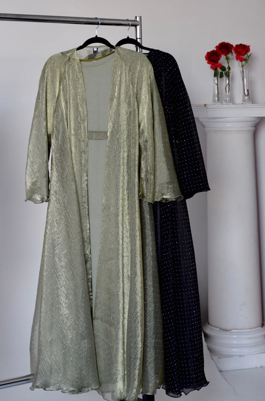 EVENING Rhinestone Organza Two Piece Open Abaya in Olive Green