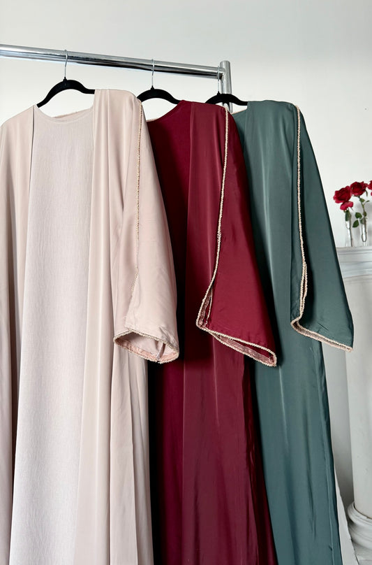 EVENING Beaded Split Sleeve Two Piece Open Abaya in Beige