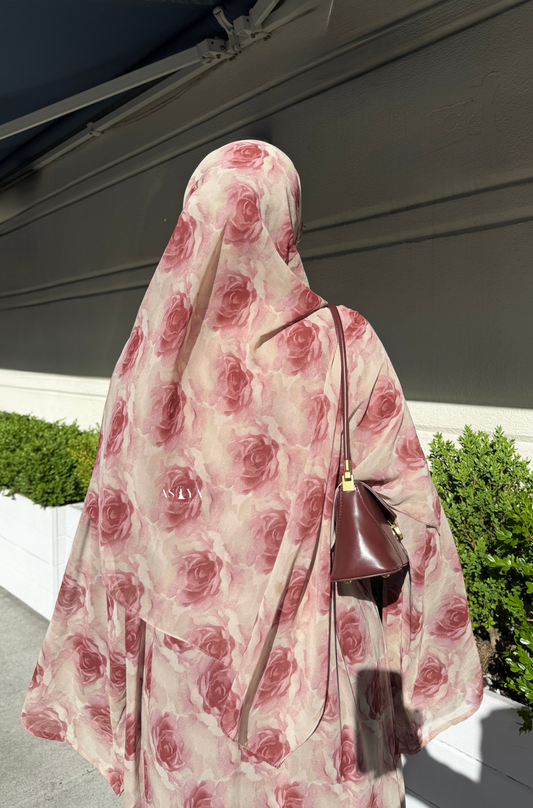 EVENING Printed Chiffon Two Piece Open Abaya in Raspberry Rose