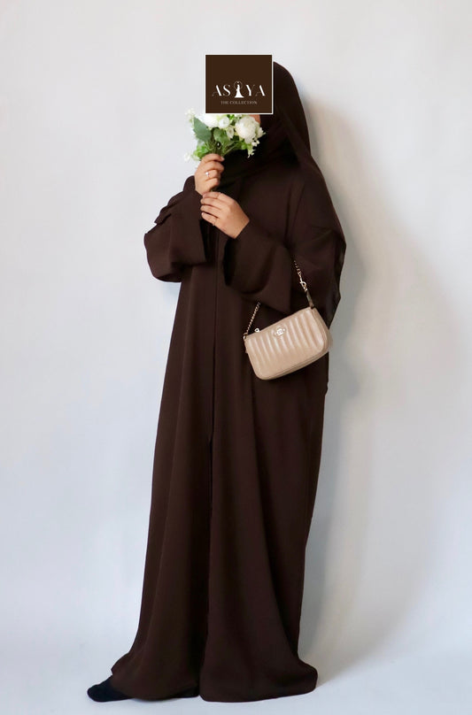 EVERYDAY Straight Textured Button Down Abaya in Dark Brown