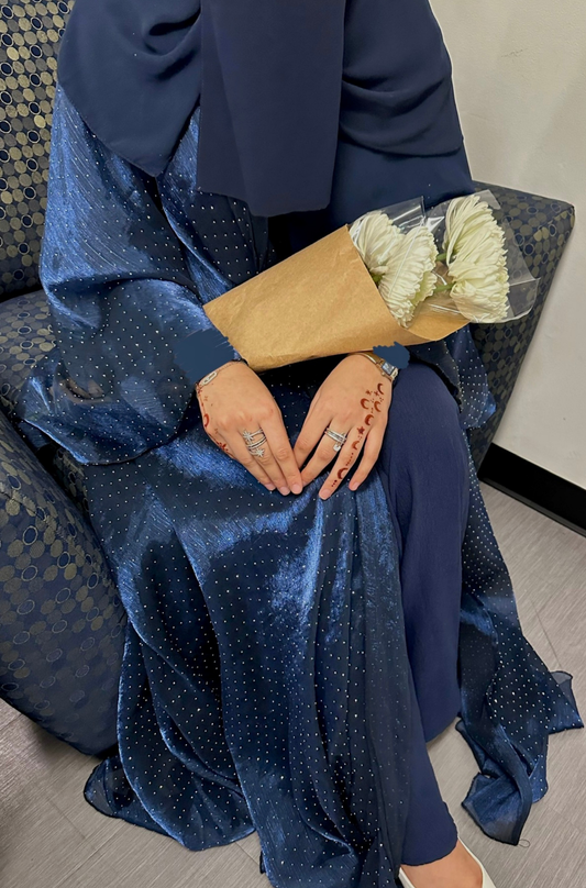 EVENING Rhinestone Organza Two Piece Open Abaya in Royal Blue