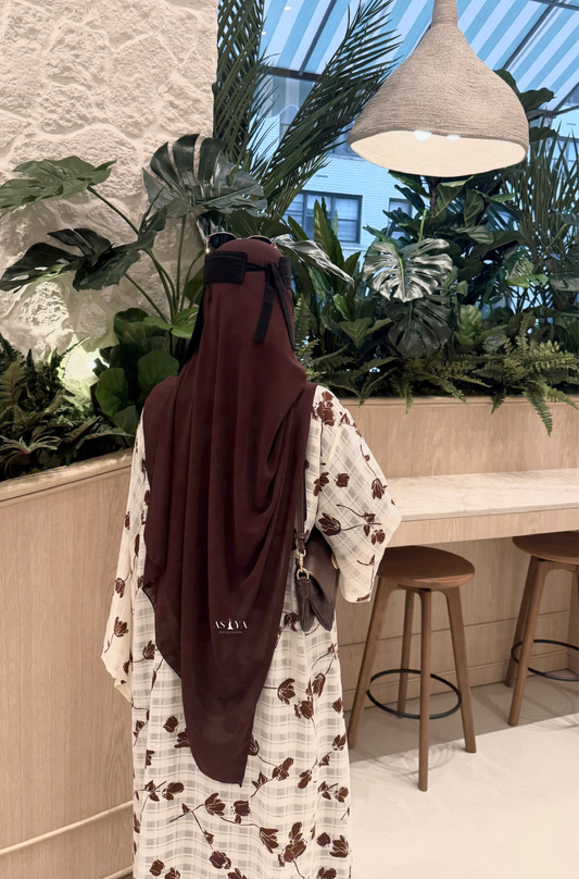 EVERYDAY Printed Cotton-Crepe Two Piece Open Abaya in Brown Tulip