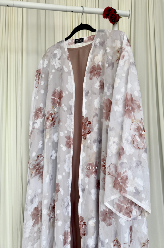 EVERYDAY Printed Chiffon Two Piece Open Abaya in Lavender Gray