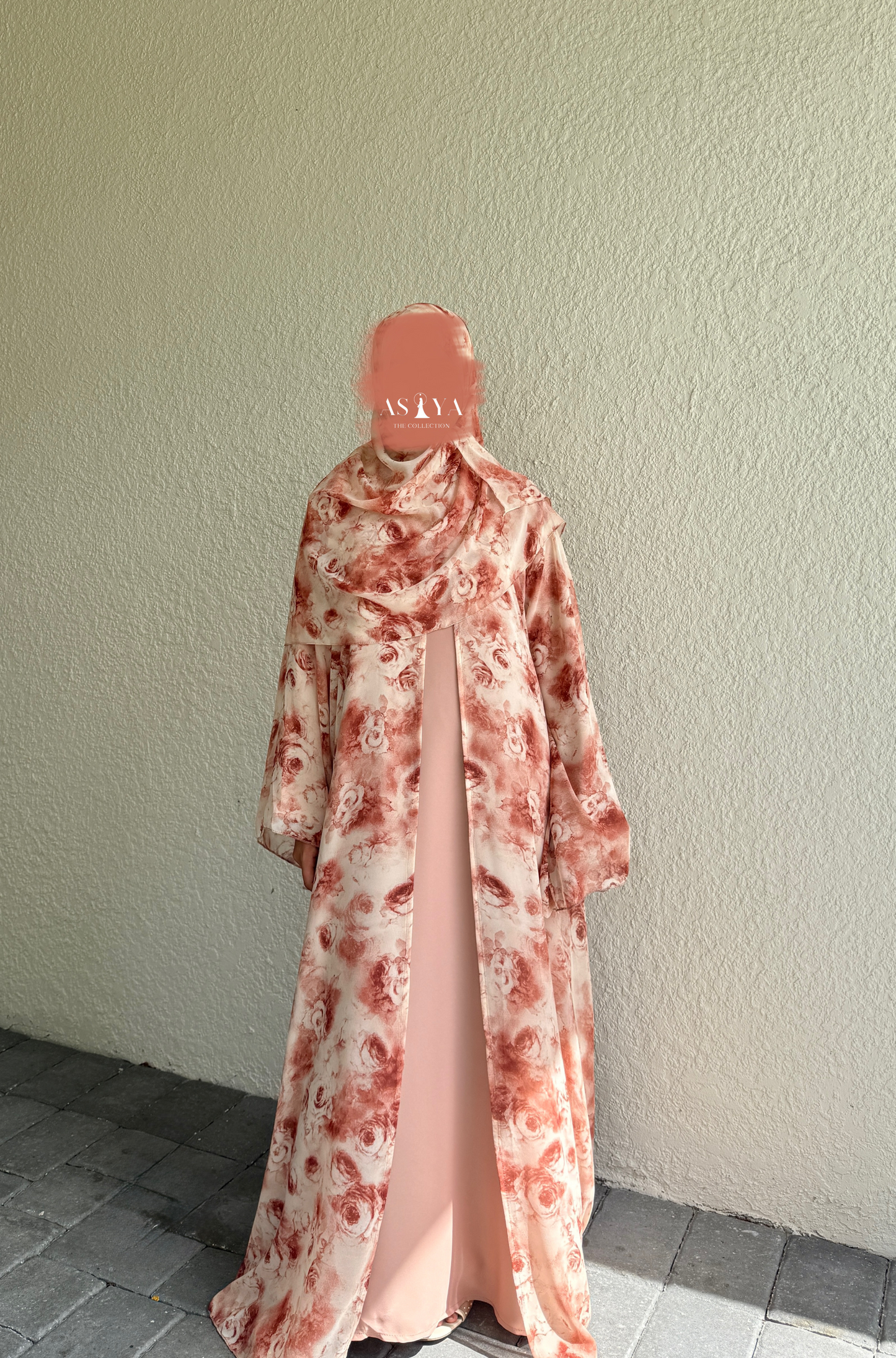 EVENING Printed Chiffon Two Piece Open Abaya in Peach Rose