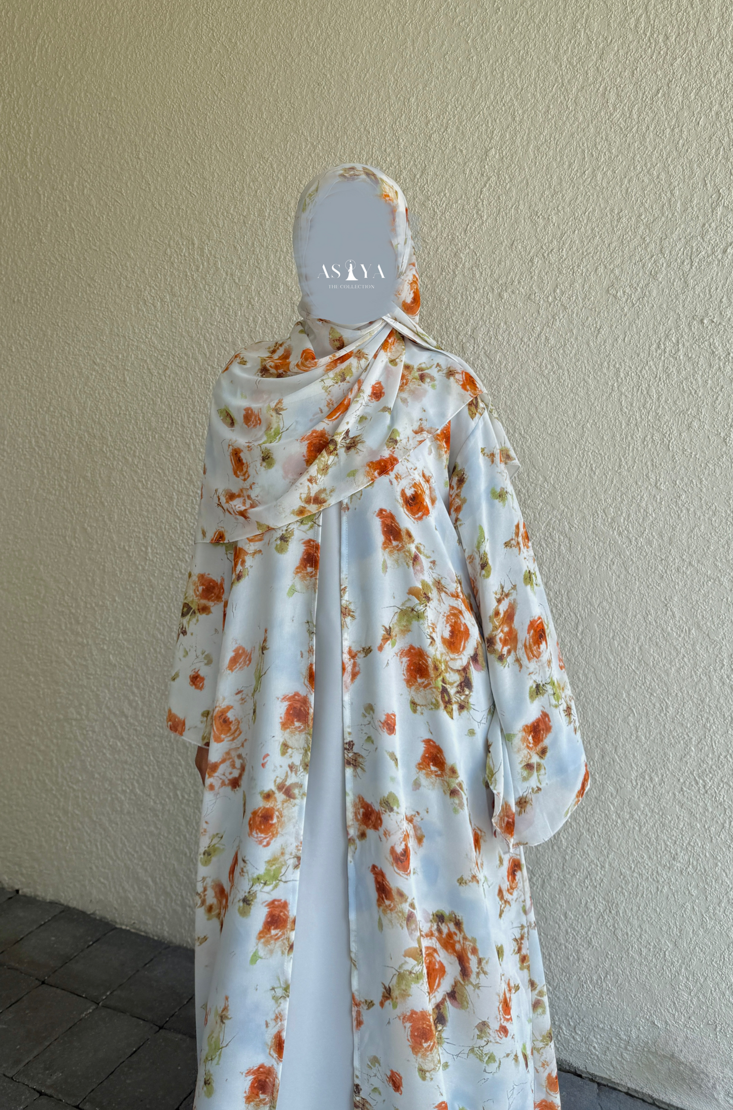 EVENING Printed Chiffon Two Piece Open Abaya in Orange Blossom