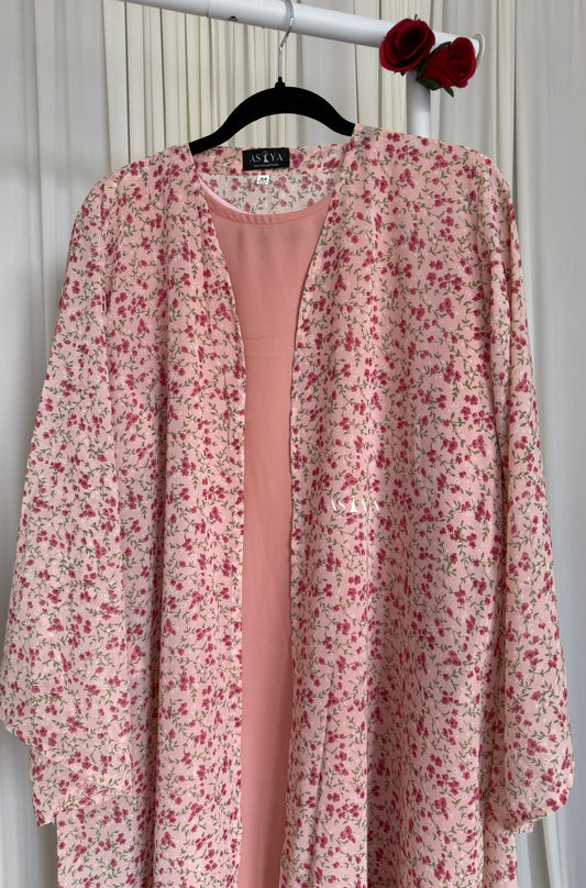 EVERYDAY Printed Chiffon Two Piece Open Abaya in Coral Floral