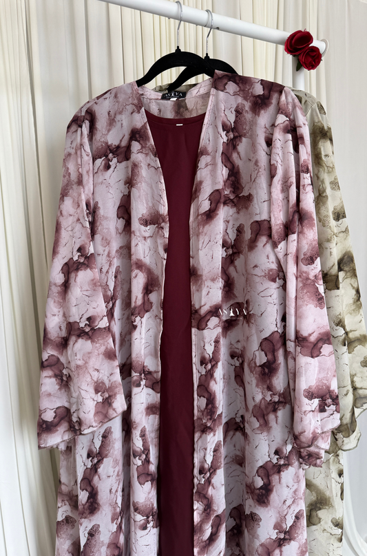 EVERYDAY Printed Chiffon Two Piece Open Abaya in Plum Marble