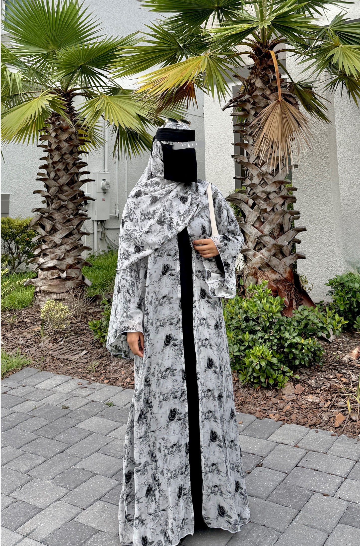 EVENING Printed Chiffon Two Piece Open Abaya in Floral Gray