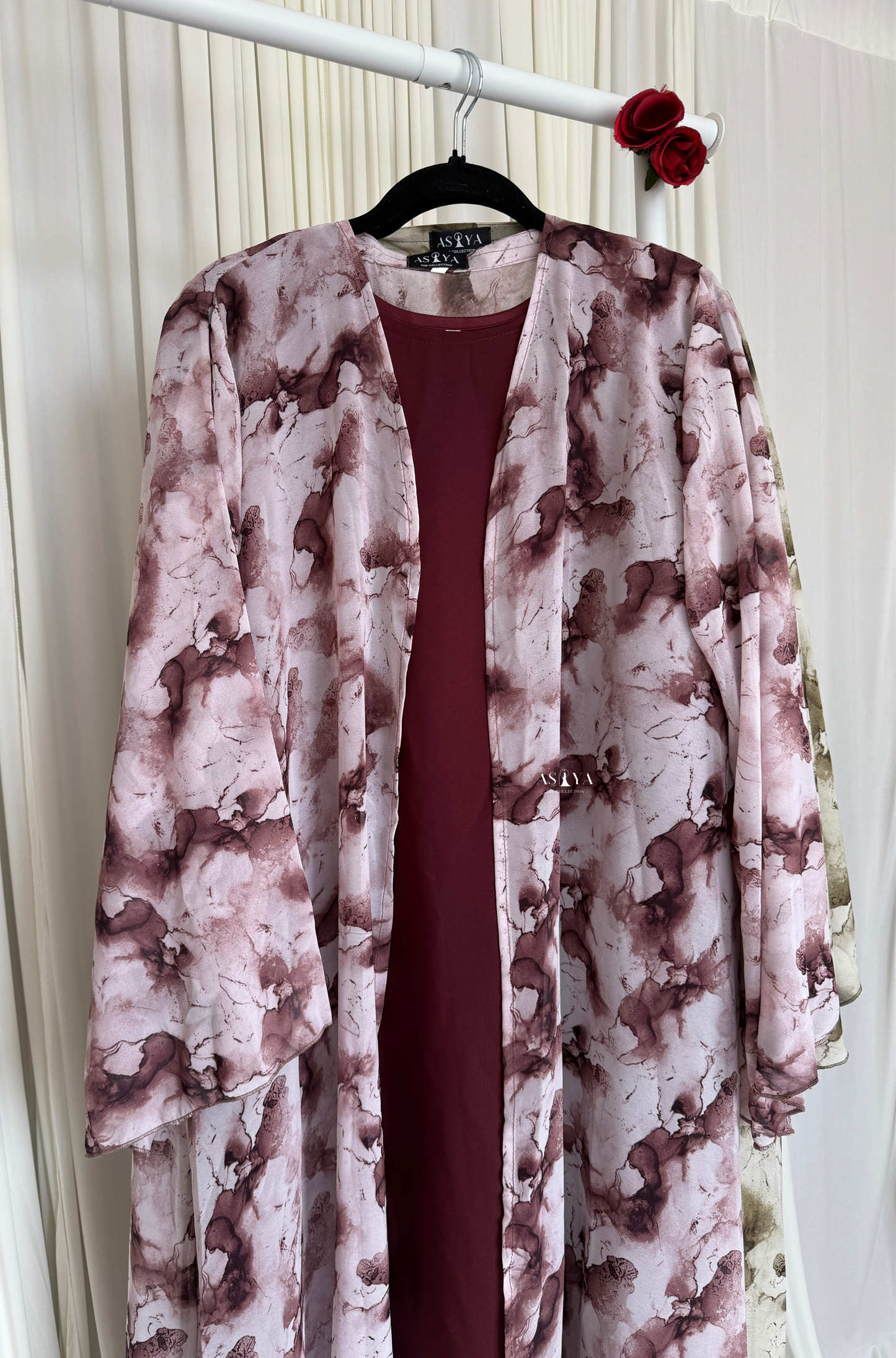 EVERYDAY Printed Chiffon Two Piece Open Abaya in Plum Marble