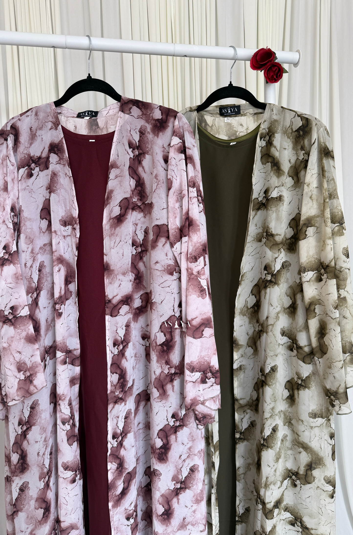 EVERYDAY Printed Chiffon Two Piece Open Abaya in Olive Marble