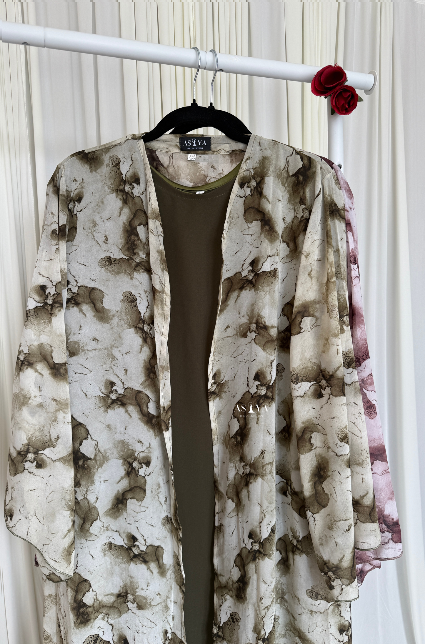 EVERYDAY Printed Chiffon Two Piece Open Abaya in Olive Marble