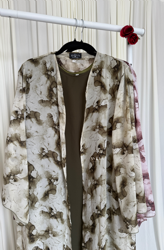 EVERYDAY Printed Chiffon Two Piece Open Abaya in Olive Marble