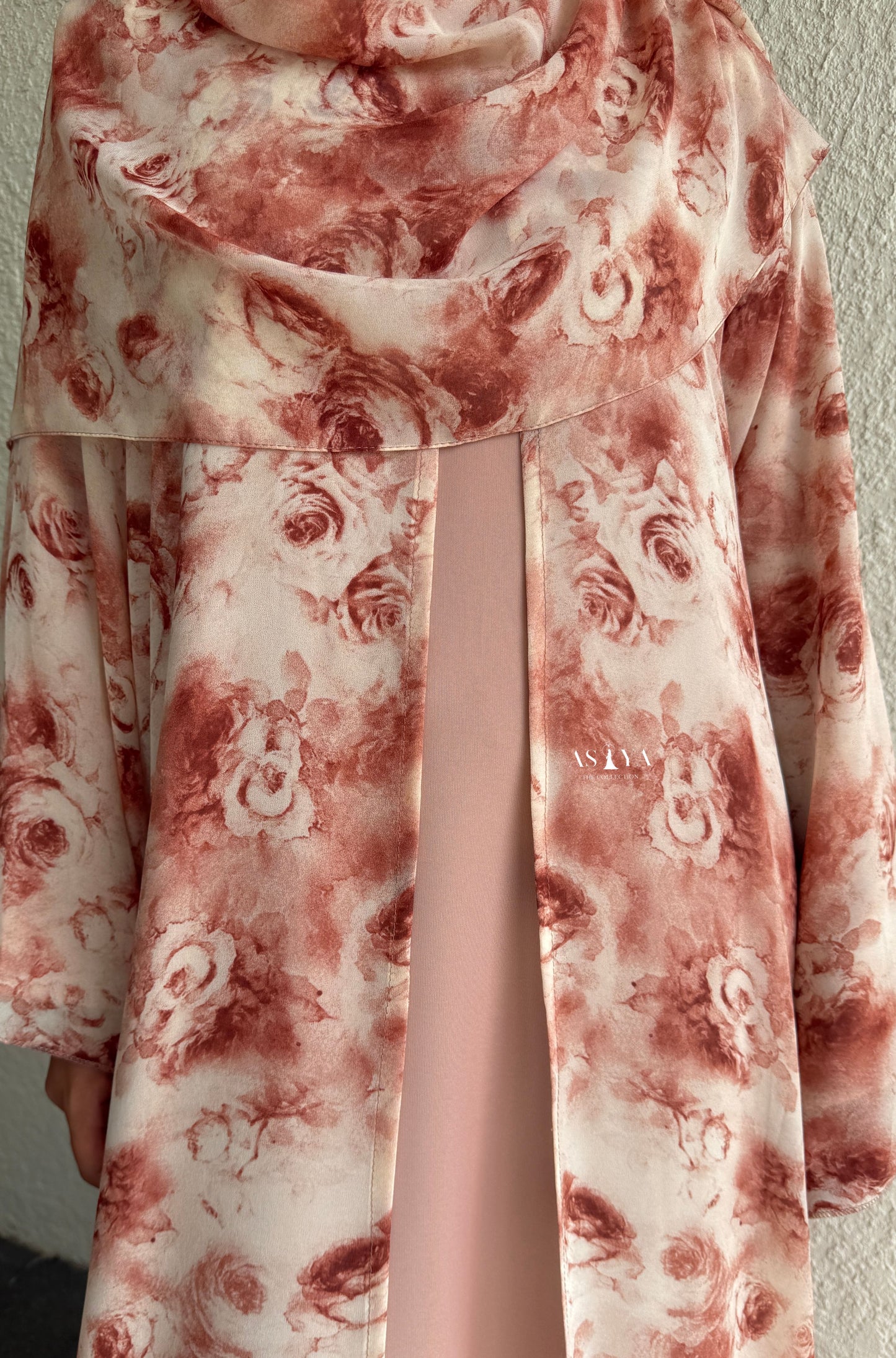 EVENING Printed Chiffon Two Piece Open Abaya in Peach Rose