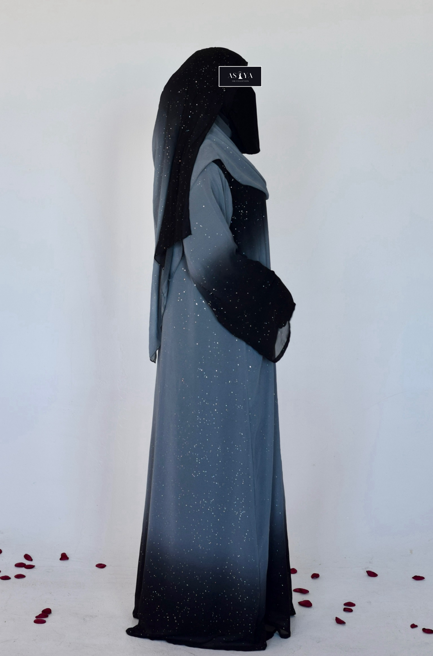 EVENING Glittery Chiffon Ombré Two Piece Open Abaya in Black & Gray