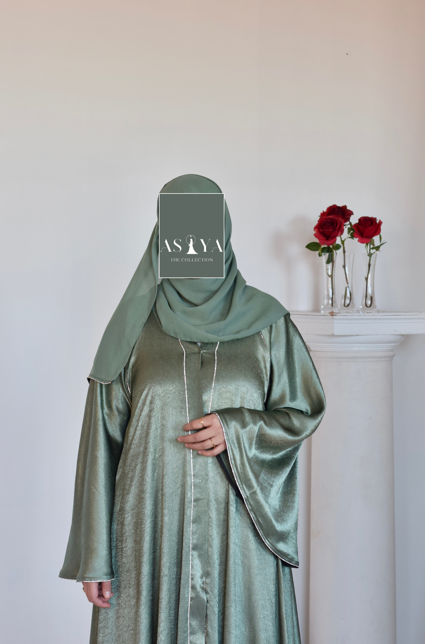 EVENING Flowy Crushed Satin Button Down Abaya in Mint Green