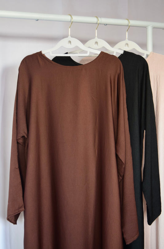 ESSENTIALS Soft Crepe Long Sleeve Inner Slip Dress in Chocolate