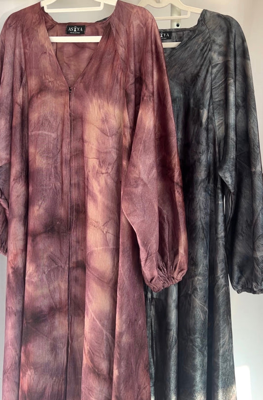 EVENING Flowy Tie Dye Button Down Abaya in Berry Blast