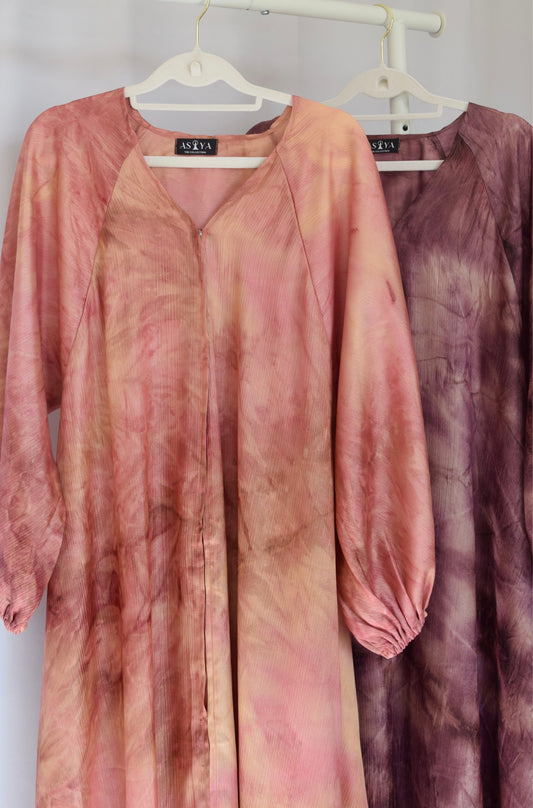 EVENING Flowy Tie Dye Button Down Abaya in Pink Lemonade