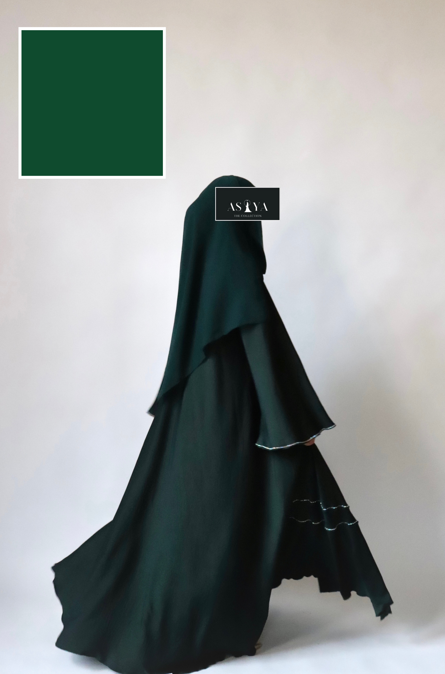 EVENING Rhinestone Flowy Crepe Satin Button Down Abaya in Forest Green