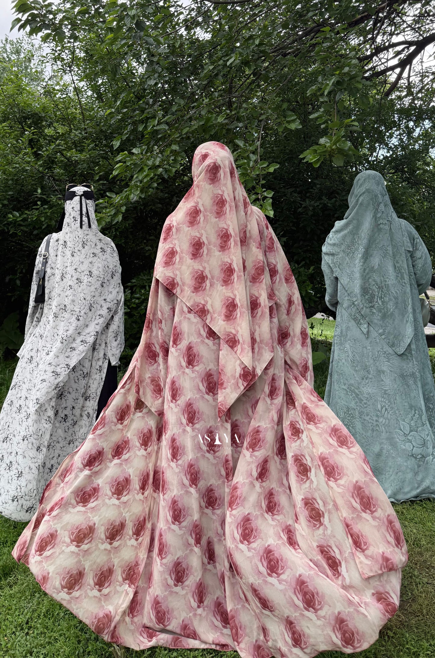 EVENING Printed Chiffon Two Piece Open Abaya in Raspberry Rose